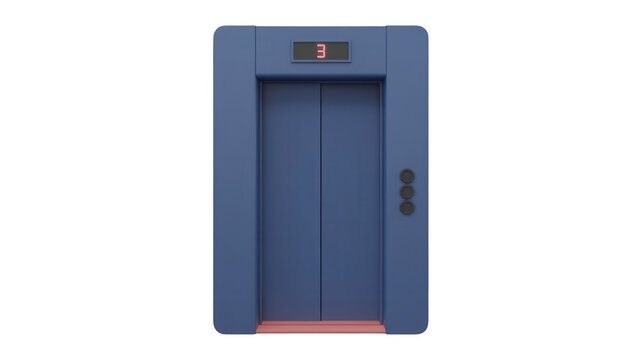 3d render of a modern blue elevator with closed doors, floor indicator showing number 3, and control buttons on the side, isolated on transparent background
