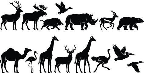 Wildlife animal silhouettes including deer moose rhino giraffe camel birds and safari species black vector set © MdSumon