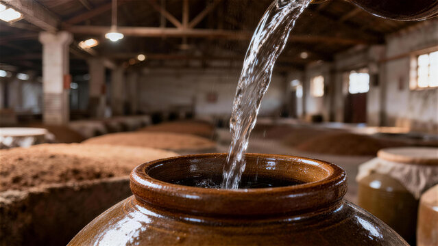 Ancient Brew Unveiled: A traditional brewery comes to life as a craftsman carefully pours a clear liquid into a weathered ceramic jar, unveiling the heart of an ancient brewing process. 