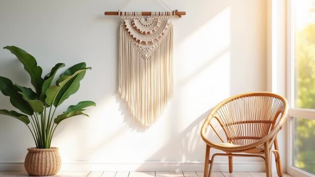 Handmade macrame wall hanging tropical leaves and rattan chair on white wall