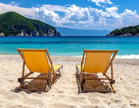 Serene beach scene with two yellow deck chairs