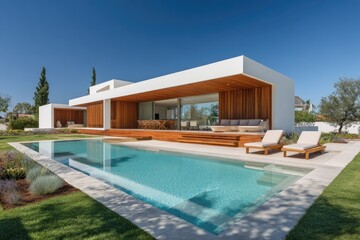 Fototapeta premium Modern home with pool, wood accents, and outdoor seating under blue sky
