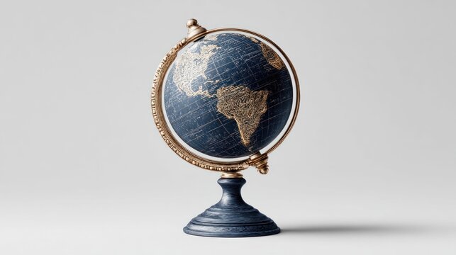 Antique globe with detailed continents and oceans on a simple studio background