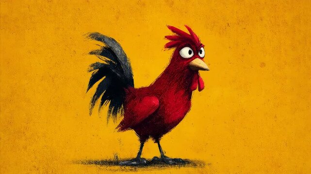 Animated red rooster character changing expressions from surprised to angry on a yellow background