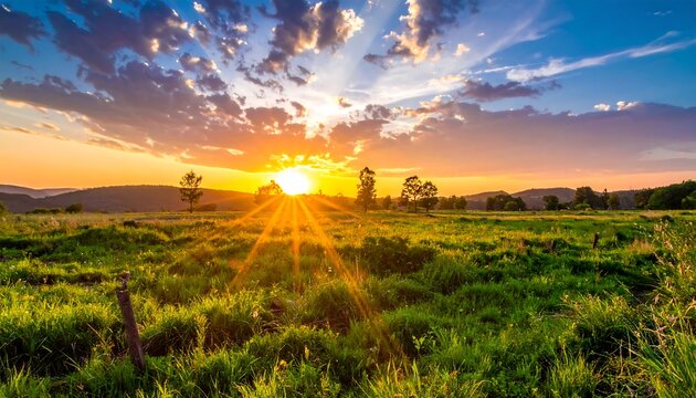 Vivid sun setting over grassy field with hills and a dramatic sky
