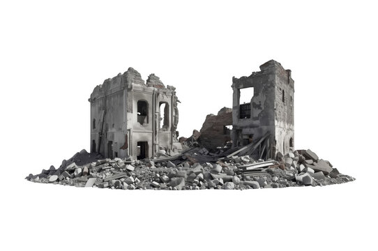 Destroyed building ruins with rubble and debris on transparent background
