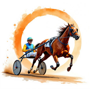 Harness race driver steers trotting horse pulling sulky on dirt track. Dynamic orange arc and dust clouds symbolize speed and competition in equestrian sport.