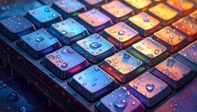 Close-up of a Wet Keyboard with Colorful Reflections.