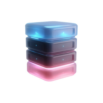 Cloud storage server stack with glowing blue and pink lights icon isolated on white or transparent background