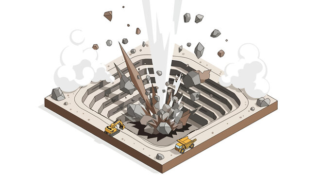 Explosion in open pit mine with heavy machinery.