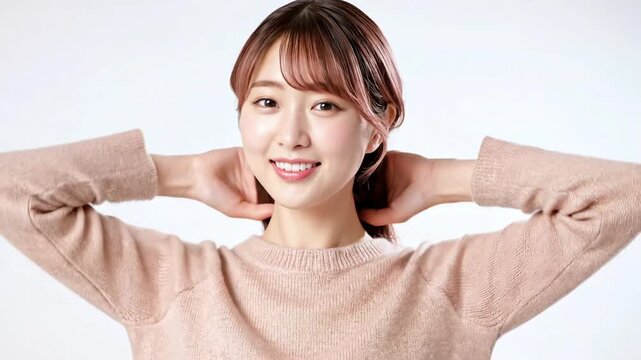 両手で髪を後ろに束ねるような仕草で微笑む若い女性