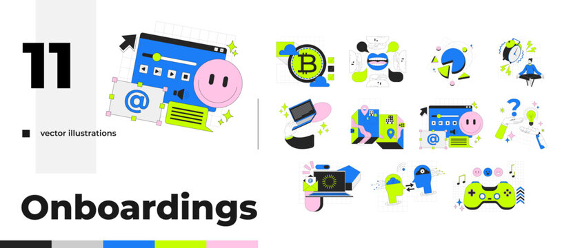 Digital lifestyle and technology neubrutalism cartoon flat illustrations bundle. Cryptocurrency productivity. Gaming emailing 2D images isolated on white. Collection vector drawings colorful