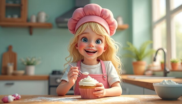 Little girl in chef hat and apron decorates cupcake with cream. Smiling child enjoys baking sweet dessert in a cozy home kitchen with soft light. Fun activity for kids.