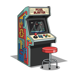 Naklejka premium Retro Pixel Blaster Arcade Machine and Red Stool Vector