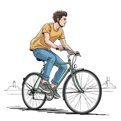 Naklejka premium Hand drawn illustration of a young man riding a green city bicycle