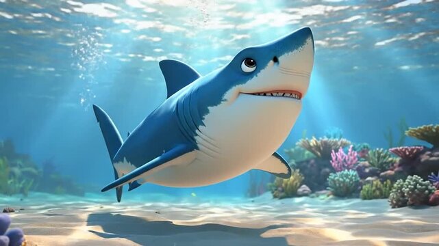 A friendly cartoon shark swims in the clear blue ocean water happily