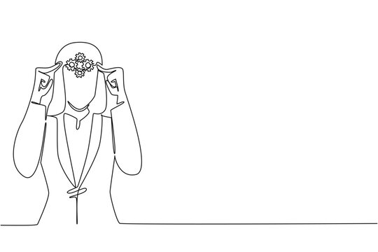 One line drawing of businesswoman in blazer suit holding her head with internal gears spinning to process mind. Business science concept is suited for medical neurology scientific research paper