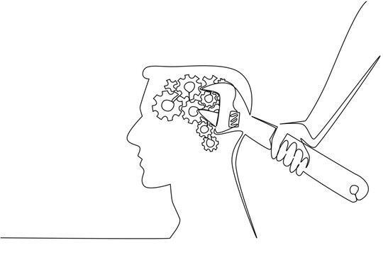 Single line drawing of hand using wrench on gears inside head within man profile to fix thoughtful error. Business industry concept is ideal for a technical manual or business proposal for repair