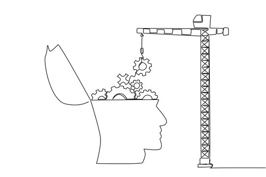 One line drawing showing large construction crane lowering gear into giant human head to maintenance knowledge and mind. Business concept is suitable for corporate strategy report or project manual