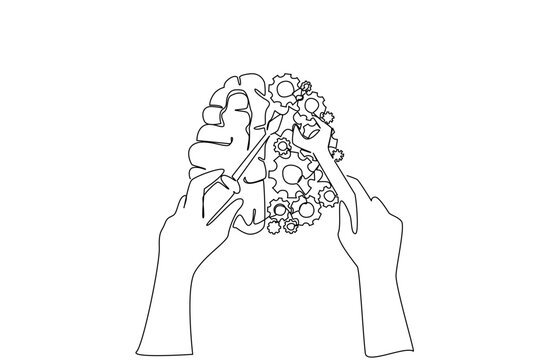 Single line drawing of human brain health concept features hands with tools for medical journals. Sketch shows person repairing gears with brain shape inside mind for mental wellness and therapy ads
