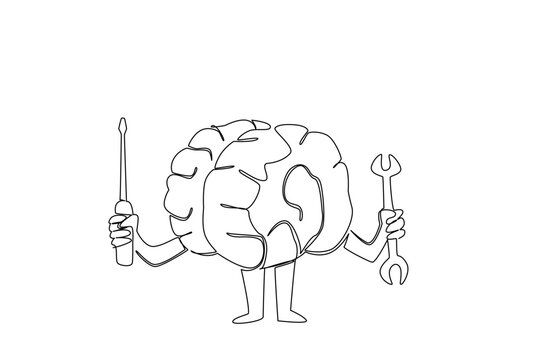Continuous line drawing of mind health concept shows human brain character holding tools for child medical posters. Mascot helps kids learn about mental maintenance and cognitive skills development