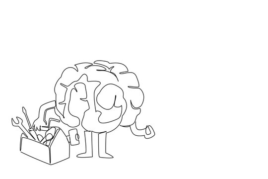 One line drawing of medical science concept depicting human brain holding toolbox for healthcare business presentations. Artwork symbolizes problem solving and mental resourcefulness for employees