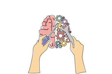 Plakat Continuous line draw of human brain health concept displays colorful half gears and brain repaired by hands for hospital brochures. Art shows person fixing mind to promote psychological recovery care
