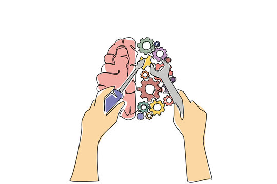 Continuous line draw of human brain health concept displays colorful half gears and brain repaired by hands for hospital brochures. Art shows person fixing mind to promote psychological recovery care