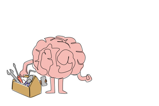 Single line drawing of colored science concept show pink brain mascot holding full toolbox for psychological clinic decor. Design represents cognitive tools and mental health support for all patients