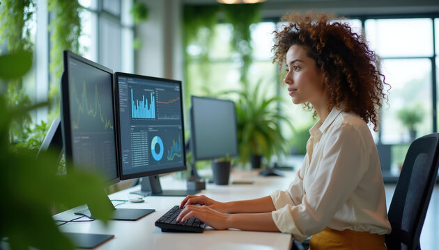 Woman analyzes financial data graphs on computer screens. She works with digital analytics reports and charts in modern office space. Professional studies complex information for business growth.