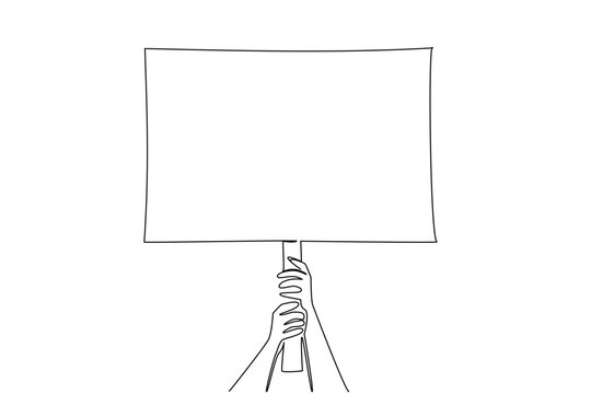 One line drawing of hands raising blank signboard on stick, symbolizing an auction board concept. Great for bidding paddles, voting signs, traffic control visuals, and event direction guide posters
