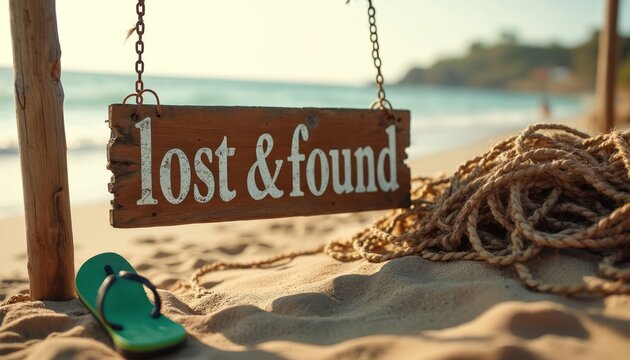 Wooden sign reading lost and found hangs on beach post near ocean waves. Green flip-flop and coiled rope rest on sand. Tropical island beach scene.