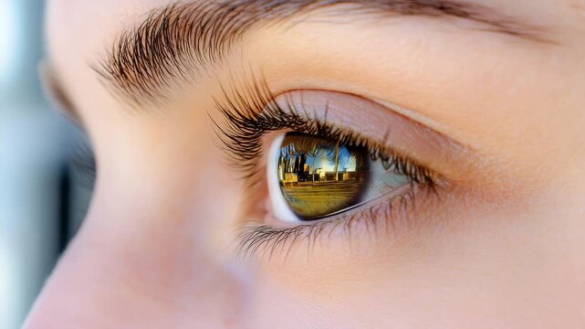 Close-up of a woman's eye reflecting a scenic view outdoors  