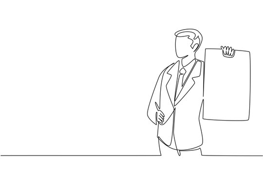 Single line draw of young businessman standing and holding large blank board, illustrating business welcome concept. Great for entrance sign, expo display, conference intro, and direction guide poster