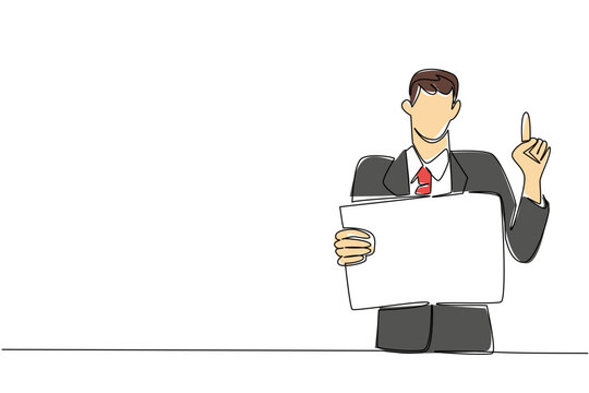 Continuous line drawing of businessman in suit holding sign and pointing upwards, depicting success concept. Great for financial growth chart, goal setting visual, ambition theme, and rising trend