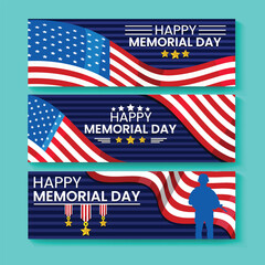 Naklejka premium memorial day banners with american flag and soldier silhouette high quality