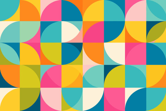 Vibrant abstract geometric pattern featuring overlapping circles, semicircles, and squares in a colorful modern composition. Bauhaus inspired minimalist vector background for creative design.