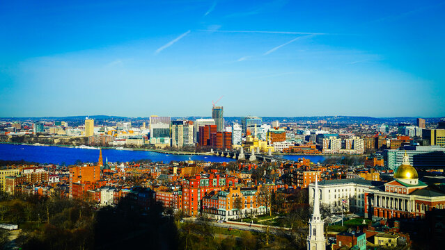 Aerial view of Cambridge skyline and Charles River