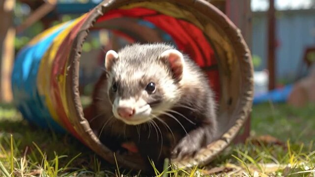 A small furry animal inside a colorful tube looking at the camera lens