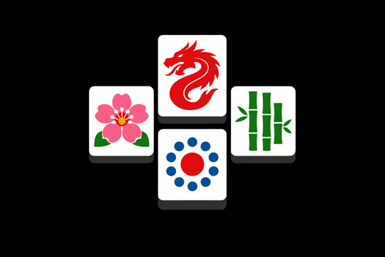 Mahjong Tiles Set Vector Illustration with Red Dragon, Pink Cherry Blossom Flower, Green Bamboo, and Blue Circle Dot Symbols Arranged in a Cross Shape on a Solid Black Background for Gaming.