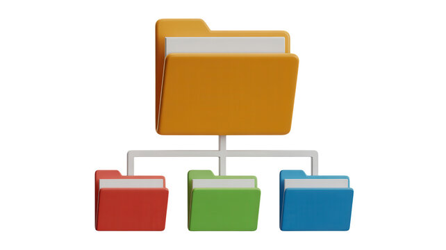 3d illustration of a folder hierarchy showing a main yellow folder connected to red, green, and blue subfolders for file organization, isolated on transparent background