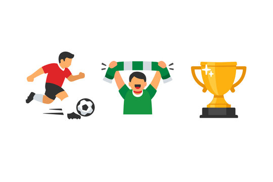 Collection of flat vector soccer icons featuring a football player in action, a cheering fan holding a scarf, and a gold championship trophy cup, ideal for sports branding and tournament graphics.