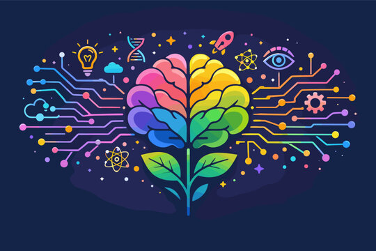 Colorful Vector Illustration of a Brain Flower Representing Artificial Intelligence, Growth, and Innovation. Futuristic Mind Design with Circuit Lines, Science Icons, and Creative Symbols.