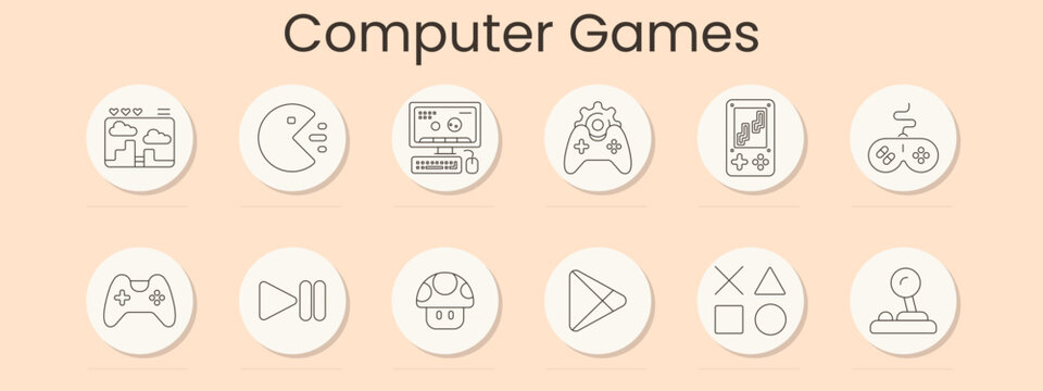 Computer games set icon. Blue outline badges, arcade screen, pacman character, desktop monitor, gamepad gear, handheld console, controller, joystick, play pause, mushroom