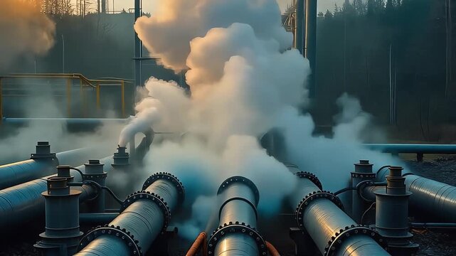 Industrial Factory Pipes Emitting Steam Against a Hazy Sky - 4K Cinematic Footage