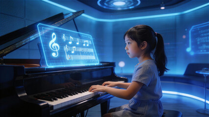 Melodic Future: A young child is immersed in a musical journey, playing a grand piano with a high-tech display of musical notation, her face showing concentration and passion for music.