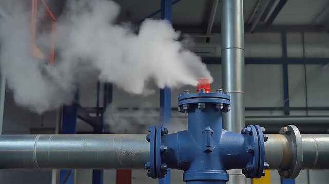 Industrial Steam Venting from Blue Pipe Valve in Factory Facility - 4K Cinematic Footage