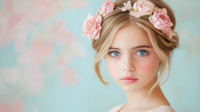 Young girl with flower crown looking at camera in soft pastel setting  