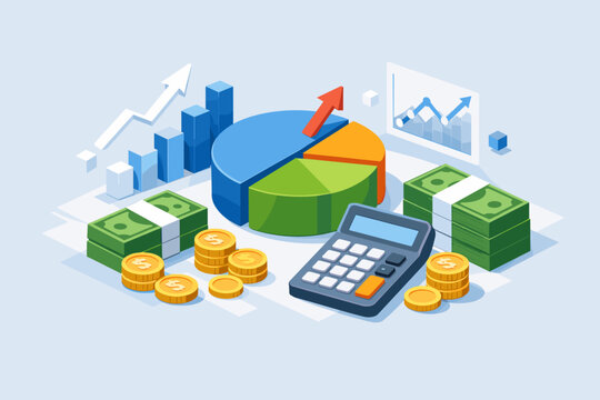 Isometric Vector Illustration for Finance and Investment Featuring 3D Pie Chart, Calculator, Stacks of Cash, and Gold Coins for Business Analytics, Accounting, and Financial Growth Data Analysis.