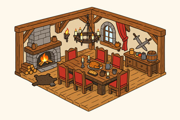 Naklejka premium Isometric Medieval Dining Room Interior with Wooden Beams, Stone Fireplace, Red Chairs, Large Table with Food, Chandelier, Crossed Swords, and Bear Rug, Hand Drawn Cartoon Vector Illustration